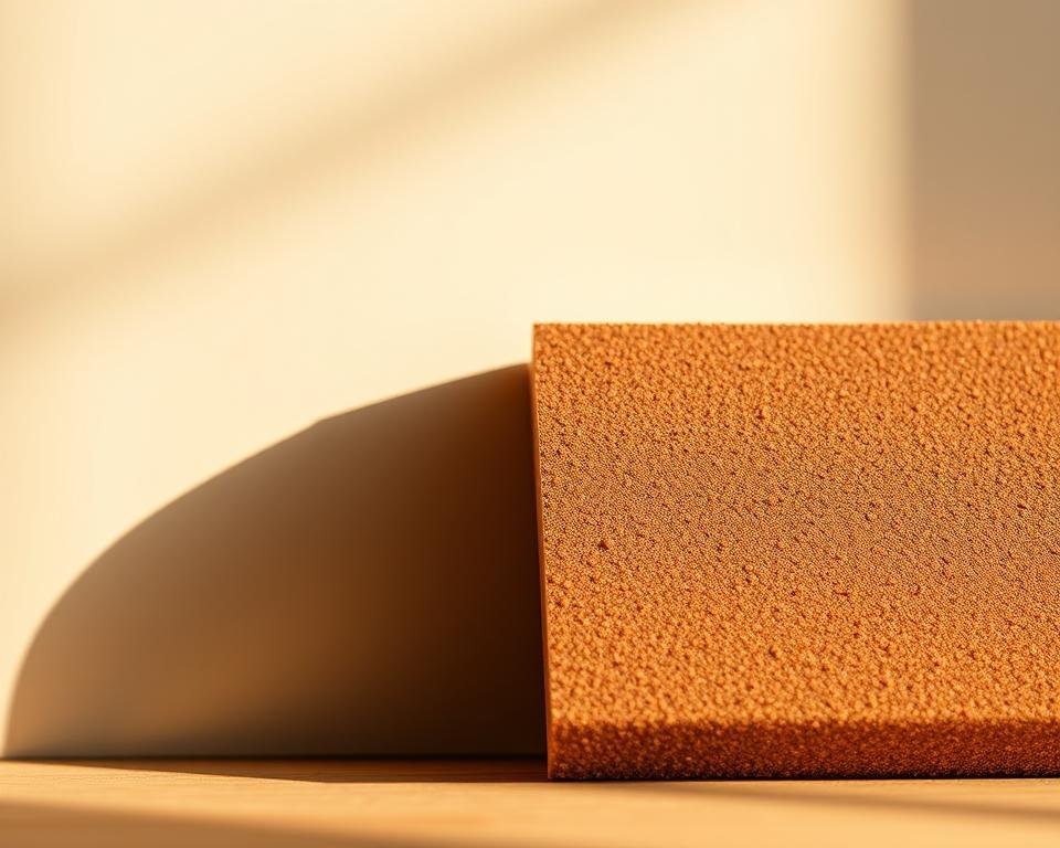 A close-up view of a wood sanding abrasive, showcasing its coarse grit and textured surface. The abrasive, known as "Lixa abrasiva para madeira," is displayed against a neutral, minimalist background, emphasizing its functional design and industrial aesthetic. Warm, directional lighting accentuates the tactile quality of the material, casting subtle shadows that add depth and dimension to the image. The composition is balanced, with the abrasive occupying the central focus, providing a clear and informative visual representation of the equipment used for wood sanding and finishing.