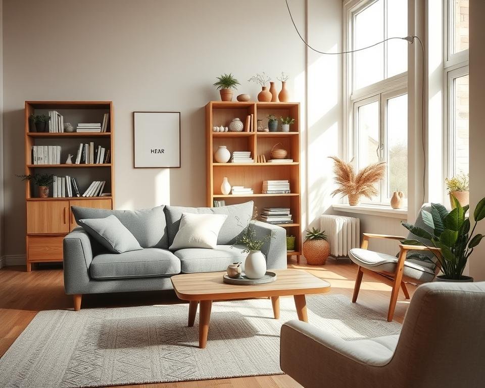 A cozy Scandinavian living room with a warm, inviting atmosphere. The foreground features a wooden coffee table, a plush gray sofa, and a minimalist armchair. Soft, natural lighting filters through large windows, casting a gentle glow on the space. The middle ground showcases a wooden bookshelf filled with books and decorative accents, such as potted plants and ceramic vases. In the background, a neutral-toned wall serves as a backdrop, complementing the earthy tones and natural textures throughout the room. The overall scene conveys a sense of simplicity, functionality, and comfort, reflecting the principles of Scandinavian design.