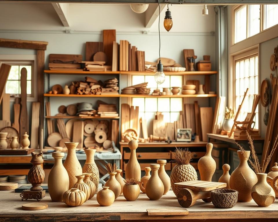 A cozy, well-lit workshop interior with a focus on handcrafted wooden decor pieces. In the foreground, a workbench showcases an assortment of hand-carved wooden trinkets, vases, and photo frames, conveying a sense of rustic elegance. On the middle shelves, various wooden planks, tools, and DIY materials are neatly organized, hinting at the creative potential of the space. The background features large windows that let in natural daylight, casting a warm glow over the wooden accents and complementing the overall earthy, sustainable aesthetic. The overall mood is one of tranquility, craftsmanship, and a celebration of the natural beauty of wood.