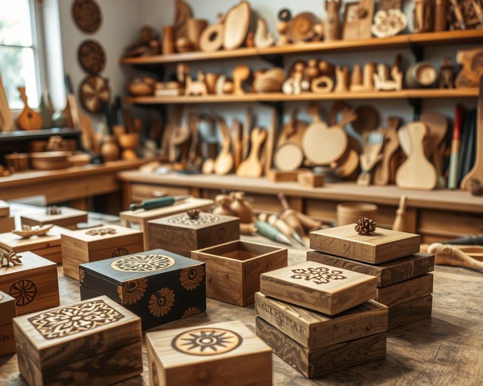 A cozy workshop filled with creative wooden projects. In the foreground, a collection of handcrafted trinket boxes, each adorned with intricate patterns carved from the leftover wood pieces. In the middle ground, a well-worn workbench hosts an array of woodworking tools and half-finished DIY gifts, their designs hinting at the personalized nature of the pieces. The background showcases shelves brimming with unique wooden decor items, their warm tones and rustic textures radiating a sense of homely charm. Soft, diffused lighting casts a gentle glow, accentuating the natural beauty of the reclaimed materials. An atmosphere of artisanal craftsmanship and personalized touch permeates the scene.