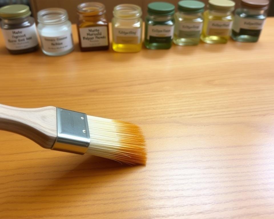 A finely sanded wood surface, its natural grain and texture subtly accentuated by a lustrous, even coat of clear varnish. The light catches the smooth, glossy finish, creating a warm, inviting glow. In the foreground, a brush dipped in a translucent, amber-hued liquid, ready to apply a protective sealant. The background features an array of small glass jars, each containing different wood finishes - from matte, natural beeswax to high-gloss polyurethane. The scene conveys the artistry and care required to achieve the perfect wood finish, ready to breathe new life into antique furniture.