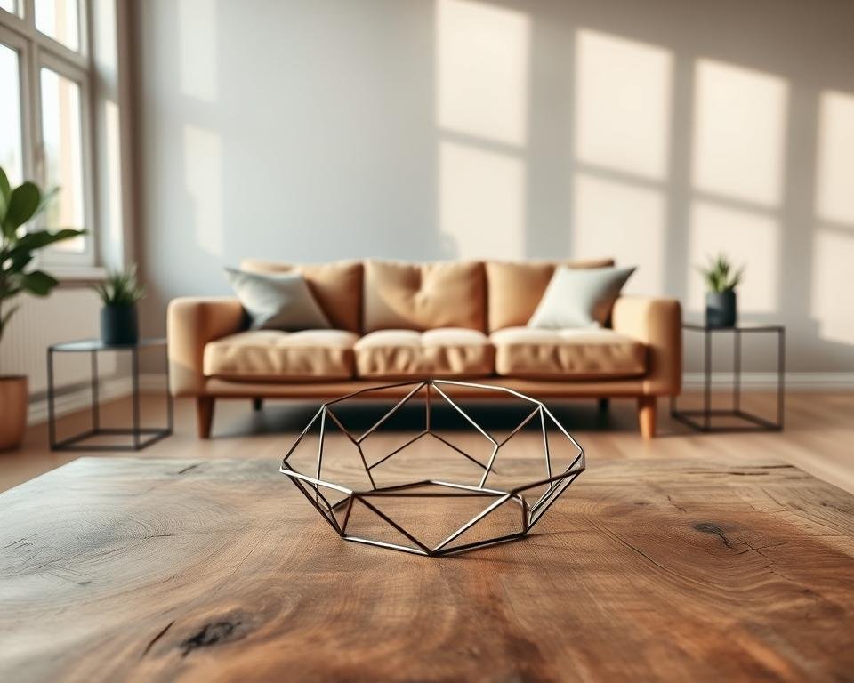 A modern, minimalist living room with a warm, natural ambiance. In the foreground, a rustic wooden coffee table showcases a geometric metal centerpiece, its sleek lines complementing the organic grain of the wood. The middle ground features a plush, earth-toned sofa, flanked by minimalist metal side tables, their surfaces adorned with potted succulents. Soft, diffused lighting filters through large windows, casting a soothing glow and highlighting the seamless integration of wood and metal elements. The background depicts a neutral-toned wall, adding to the serene, sustainable atmosphere. An elegant, harmonious fusion of natural and industrial materials, this scene embodies the essence of eco-conscious, stylish decor.