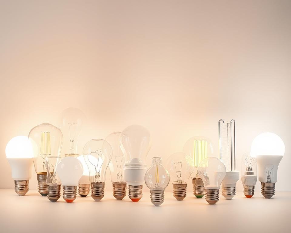 A neatly arranged display of various types of light bulbs, including incandescent, LED, fluorescent, and halogen lamps, set against a clean, well-lit background. The lamps are positioned to showcase their unique shapes, sizes, and color temperatures, allowing the viewer to clearly see the differences between the different lamp technologies. The lighting is soft and diffused, creating a warm, inviting atmosphere that complements the subject matter. The camera angle is slightly elevated, providing a comprehensive view of the lamp arrangement while maintaining a visually balanced composition.