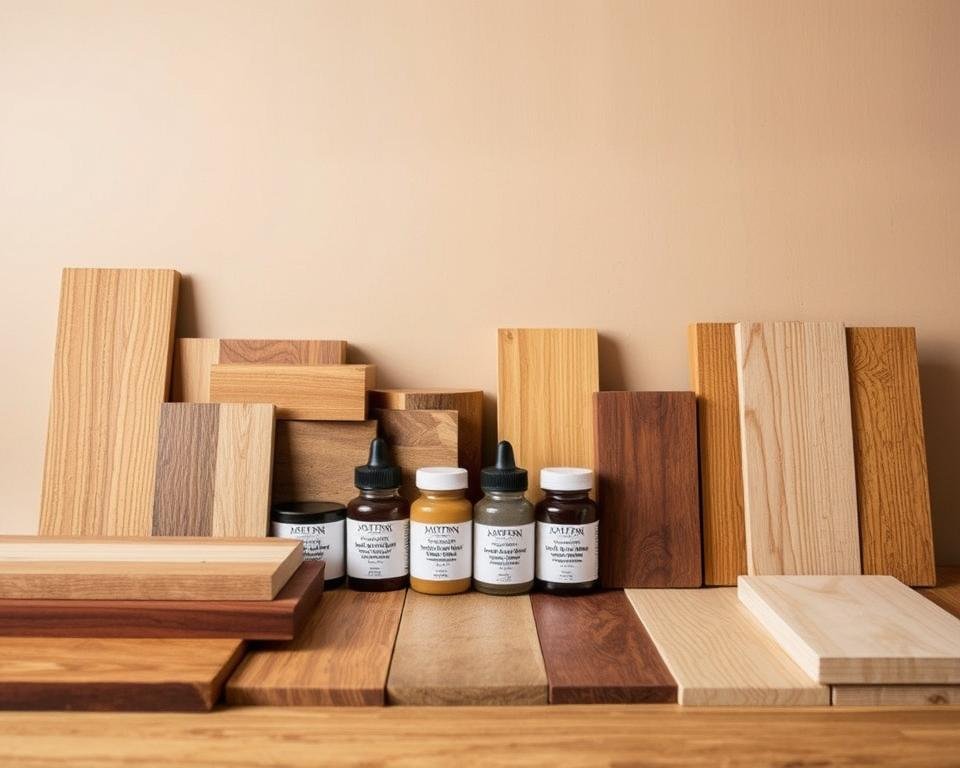 A neatly arranged still life showcasing a variety of wood samples, stains, and finishes. In the foreground, different wooden planks and blocks are positioned to display their unique grains, textures, and hues - from warm oak tones to rich mahogany. In the middle ground, small glass jars contain wood stains, varnishes, and sealants, their labels clearly visible. The background features a neutral-colored backdrop, casting soft, even lighting across the scene. The overall composition emphasizes the diverse range of customization options available for woodworking projects, inviting the viewer to imagine the creative possibilities.