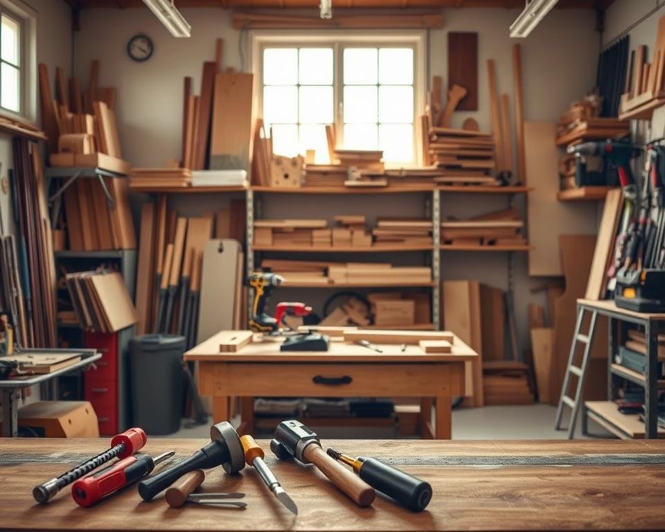 A neatly organized woodworking workshop with a variety of tools and materials. In the foreground, a workbench with clamps, a hammer, and a set of chisels. In the middle ground, shelves stocked with wooden boards, saws, and a drill. The background features large windows letting in soft, natural lighting, creating a warm and inviting atmosphere. The overall scene conveys a sense of expertise, order, and attention to detail, reflecting the "Dicas para Evitar Danos" (Tips to Avoid Damage) section of the article.
