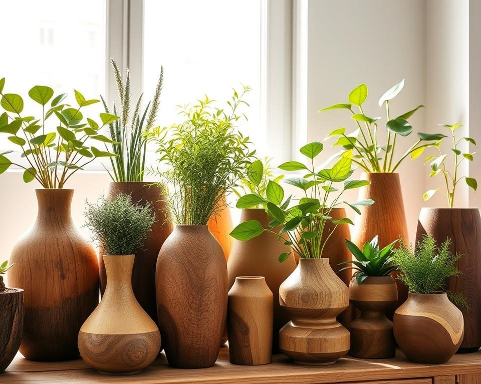 A rustic and earthy scene of natural wooden planters showcasing lush, thriving houseplants. The foreground features an assortment of handcrafted wooden vases, each with a unique grain and texture, arranged in an aesthetically pleasing layout. The plants vary in size, shape, and foliage, creating a visually captivating display. Soft, natural lighting from a nearby window bathes the scene in a warm, golden glow, highlighting the organic materials and accentuating the symbiotic relationship between the wooden containers and their verdant inhabitants. The background is minimalist, allowing the wooden vases and their botanical residents to take center stage. The overall composition conveys a sense of harmony, sustainability, and the beauty of bringing nature indoors.