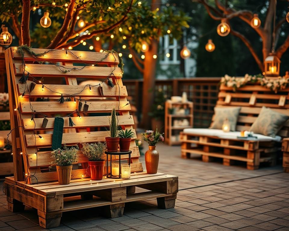 A rustic party scene with a pallet as the central focus. In the foreground, a pallet-based display showcases an array of decorative elements - string lights, garlands, and potted plants. The middle ground features additional pallet-based furniture like a bench or table, adorned with more party decor. The background depicts a cozy, outdoor setting with string lights or lanterns hanging from trees, creating a warm, inviting atmosphere. Warm, soft lighting illuminates the scene, highlighting the natural textures and colors of the wood pallets. The overall mood is one of charming, handcrafted elegance perfect for a celebration.