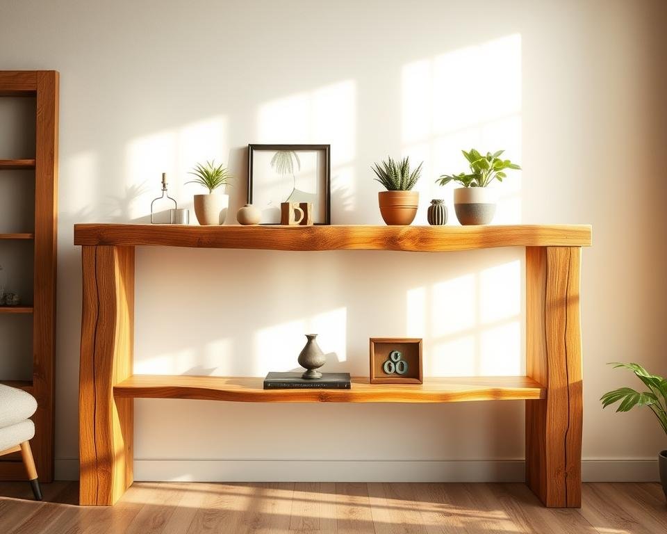 A rustic solid wood shelf stands in a cozy, well-lit room. The shelf is made of thick, knotty wooden planks with a natural, weathered finish. Soft, diffused lighting from a nearby window creates gentle shadows, highlighting the grain and texture of the wood. The shelf is styled with a few decorative items, such as potted plants and vintage trinkets, creating a warm, inviting atmosphere. The camera angle is slightly elevated, allowing the viewer to appreciate the shelf's craftsmanship and the harmonious arrangement of the display items. The overall scene evokes a sense of simplicity, comfort, and the beauty of natural materials.