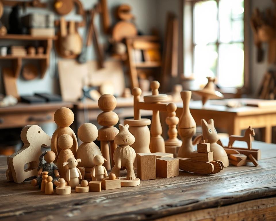 A rustic still life of handmade wooden toys arranged on a worn wooden table. In the foreground, a collection of intricately carved animals, dolls, and simple blocks in warm, natural hues. The middle ground features a spinning top, a miniature rocking horse, and a whimsical wooden puzzle. The background has a softly blurred view of a cozy workshop, with tools and workbenches visible. Diffused natural light streams in from a nearby window, casting a gentle glow and creating interesting shadows. The overall atmosphere is one of craftsmanship, childhood wonder, and the charm of handmade treasures.