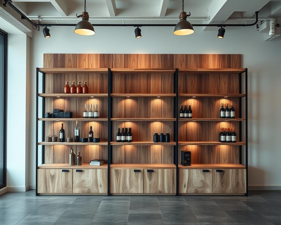 A rustic wooden shelving unit stands prominently in a well-lit, minimalist commercial space. The weathered, natural-grain wood planks are arranged in a simple, functional design, accentuated by sleek black iron supports. Soft, diffused lighting from overhead fixtures casts a warm, inviting glow, highlighting the organic texture and muted tones of the timber. The shelves are stylishly adorned with a carefully curated selection of products, creating a visually appealing and cohesive display. The overall atmosphere conveys a sense of refined, industrial-inspired elegance, perfectly suited for a high-end retail or hospitality setting.