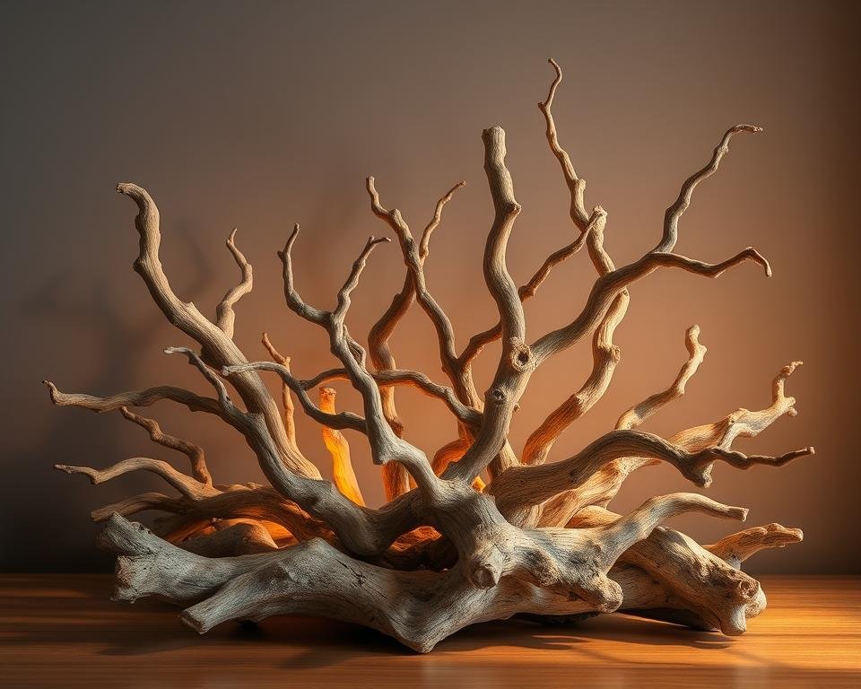 A serene and artfully styled decorative vignette featuring an assortment of interestingly-shaped tree branches, gnarled and weathered, arranged in an eye-catching yet natural-looking display. The branches are positioned at various angles, creating a sense of dynamic movement and visual intrigue. Soft, warm lighting casts a gentle glow, accentuating the organic textures and tones of the wooden elements. The composition is balanced and visually appealing, inviting the viewer to closely examine the unique details and patterns of the branches. This arrangement would make a lovely, nature-inspired accent piece to personalize a crafting workspace or home decor.