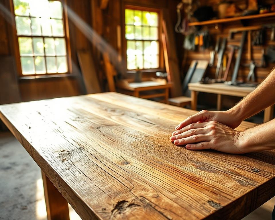 A weathered, rustic wooden table, its surface scarred by time and use, stands in a sun-dappled workshop. Beams of warm, natural light stream through large windows, casting a soft glow on the distressed wood. In the foreground, an artisan's hands carefully sands and refinishes the tabletop, revealing the rich grain and character of the reclaimed "madeira de demolição." In the background, various hand tools and salvaged hardware pieces are neatly organized, hinting at the process of transforming these discarded materials into something beautiful and functional. The scene conveys a sense of craftsmanship, sustainability, and the rewarding process of breathingnew life into discarded resources. A weathered, rustic wooden table, its surface scarred by time and use, stands in a sun-dappled workshop. Beams of warm, natural light stream through large windows, casting a soft glow on the distressed wood. In the foreground, an artisan's hands carefully sands and refinishes the tabletop, revealing the rich grain and character of the reclaimed "madeira de demolição." In the background, various hand tools and salvaged hardware pieces are neatly organized, hinting at the process of transforming these discarded materials into something beautiful and functional. The scene conveys a sense of craftsmanship, sustainability, and the rewarding process of breathingnew life into discarded resources.