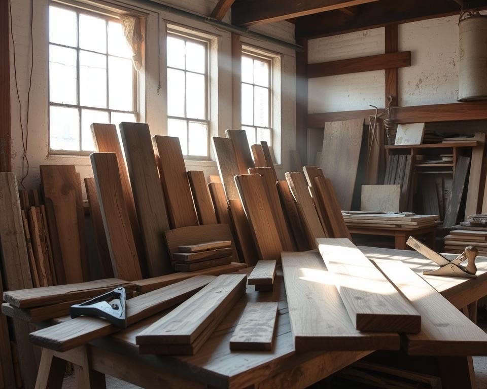 A weathered, rustic workshop interior with natural light filtering through large windows. On the workbench, an assortment of reclaimed wooden planks, beams, and boards of varying textures and tones. A carpenter's toolkit - saws, planes, chisels - lies nearby, hinting at the process of transforming these discarded materials into new, functional objects. The walls are adorned with salvaged architectural elements, adding character and a sense of history to the space. A shaft of sunlight casts dynamic shadows, emphasizing the rich grain and patina of the repurposed wood. An atmosphere of creativity, sustainability, and craftsmanship pervades the scene. A weathered, rustic workshop interior with natural light filtering through large windows. On the workbench, an assortment of reclaimed wooden planks, beams, and boards of varying textures and tones. A carpenter's toolkit - saws, planes, chisels - lies nearby, hinting at the process of transforming these discarded materials into new, functional objects. The walls are adorned with salvaged architectural elements, adding character and a sense of history to the space. A shaft of sunlight casts dynamic shadows, emphasizing the rich grain and patina of the repurposed wood. An atmosphere of creativity, sustainability, and craftsmanship pervades the scene.