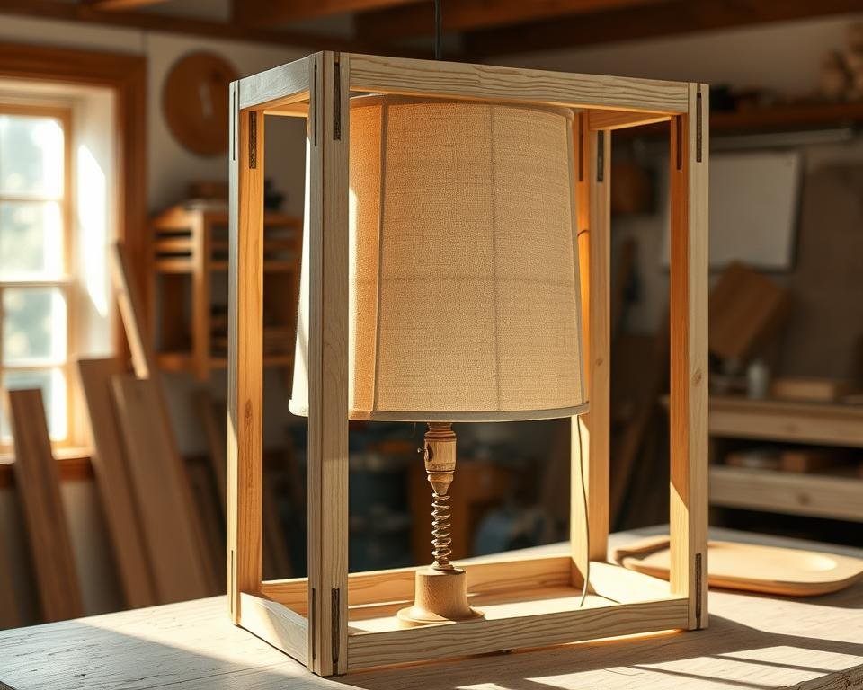 A well-crafted, wooden lamp structure takes shape in a cozy, well-lit workshop. Intricate joinery and smooth sanded surfaces create a visually appealing frame, ready to be adorned with a natural, linen lampshade. Soft, directional lighting illuminates the woodgrain textures, casting warm, inviting shadows. The camera captures the process from an angled, three-quarter view, showcasing the thoughtful construction and attention to detail. An atmosphere of craftsmanship and domestic tranquility pervades the scene, reflecting the artful assembly of this handmade wooden lamp.