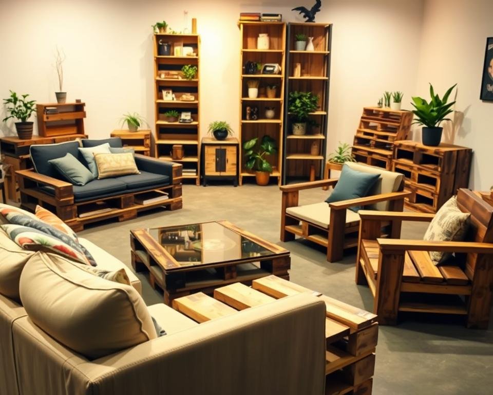 A well-lit, artistically arranged scene showcasing a variety of unique pallet furniture pieces. In the foreground, a stylish pallet couch with plush cushions and decorative throw pillows. In the middle ground, a rustic pallet coffee table with a chic glass top, surrounded by cozy pallet armchairs. In the background, a tall pallet bookshelf displaying an assortment of decorative items and plants. The lighting is warm and inviting, casting a soft glow across the scene. The overall aesthetic is a harmonious blend of industrial and modern, conveying a sense of personalized, DIY charm.
