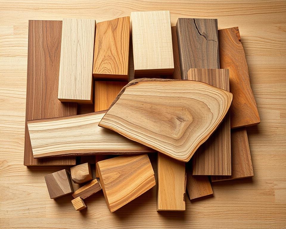 A well-lit, high-resolution photograph of various types of wood samples, including oak, maple, cherry, walnut, and pine, arranged neatly on a wooden table with a neutral background. The wood pieces should be showcased in a way that highlights their unique grains, textures, and colors, providing a visually appealing and informative display. The lighting should be soft and natural, creating a warm and inviting atmosphere that complements the organic nature of the materials. The camera should be positioned at a slightly elevated angle to capture the full range of the wood samples, allowing the viewer to appreciate the diverse qualities of each type of wood.