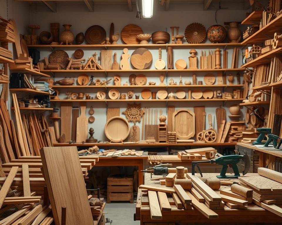 A well-lit woodworking workshop, with a variety of wooden projects and tools in the foreground. In the middle ground, a workbench with various wood pieces, saws, and clamps, suggesting ongoing construction. The background showcases a wall of organized shelves, displaying finished wooden items, from decorative pieces to functional furniture. Warm lighting accentuates the natural texture and grain of the wood, creating a cozy, inviting atmosphere. The scene conveys a sense of skilled craftsmanship and a passion for working with wood.