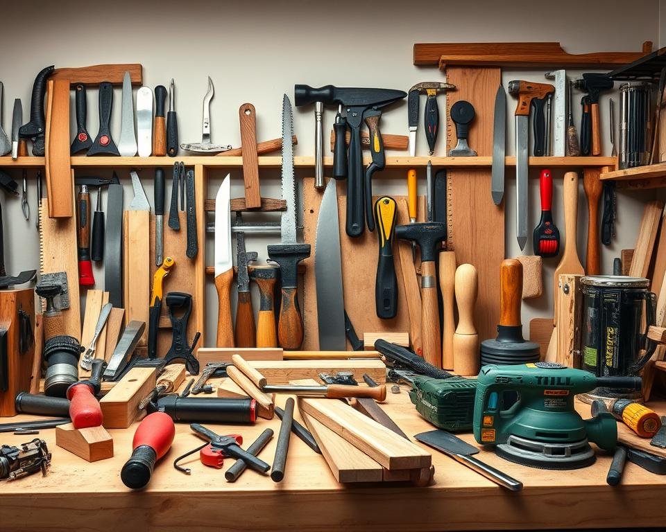 A well-lit workshop filled with an assortment of high-quality woodworking tools, including chisels, saws, hammers, clamps, and sanders. The tools are neatly organized on a sturdy workbench, with a focus on safety features like protective guards and ergonomic handles. The scene conveys a sense of precision, craftsmanship, and attention to detail, reflecting the importance of proper tool selection and maintenance for safe and effective woodworking. The background features a neutral, minimalist setting, allowing the tools to take center stage and emphasize their role in the marcenaria (carpentry) process.