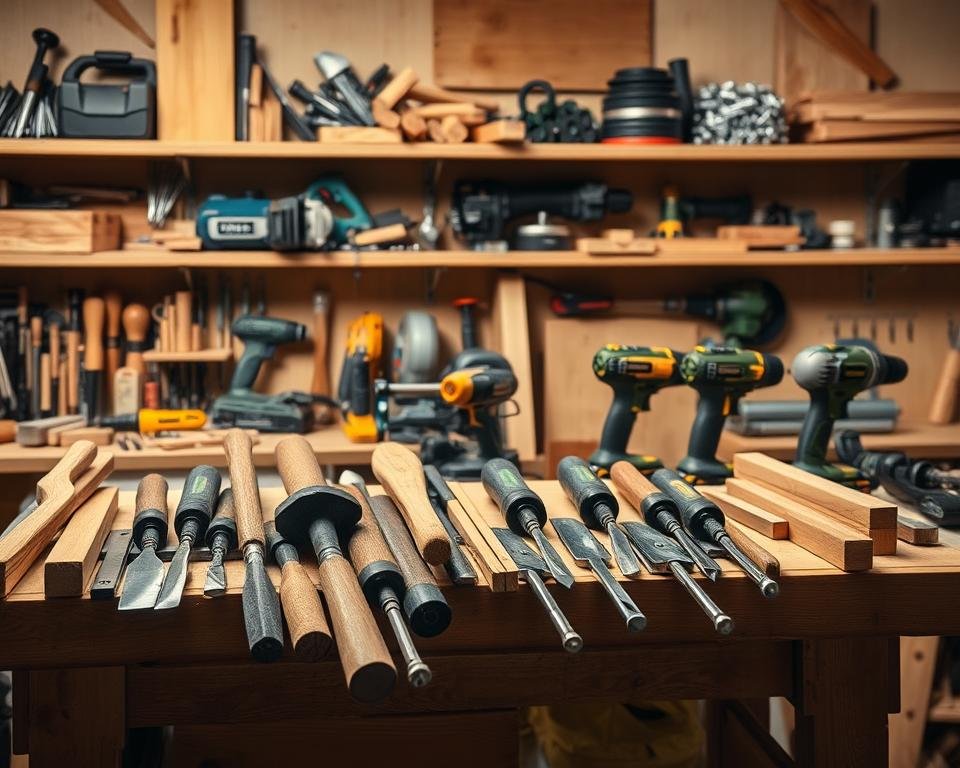 A well-lit workshop scene showcasing an assortment of essential woodworking tools. In the foreground, a sturdy workbench holds a variety of hand tools, including a chisel set, mallet, and clamps. In the middle ground, power tools like a jigsaw, orbital sander, and cordless drill stand ready for assembly and finishing tasks. The background features shelves stocked with nails, screws, hinges, and other hardware necessary for secure joinery and fixture installation. Soft, directional lighting casts warm shadows, creating a focused, productive atmosphere ideal for the detailed woodcraft described in the article.