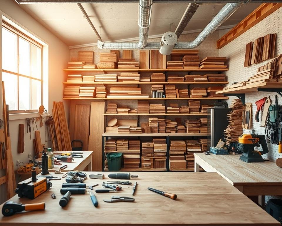 A well-organized carpentry workshop layout with a focus on efficiency and workflow. In the foreground, a sturdy workbench with various hand tools neatly arranged. In the middle ground, rows of shelves displaying an array of wood materials, stains, and finishes. The background features a large window flooding the space with natural light, casting a warm, productive atmosphere. The layout is designed with ample workspace, organized storage, and strategic placement of equipment to optimize the small footprint. Subtle industrial touches, such as exposed beams and a pegboard wall, complement the utilitarian aesthetic. Overall, the scene conveys a sense of a well-planned, functional, and visually appealing carpentry workshop.