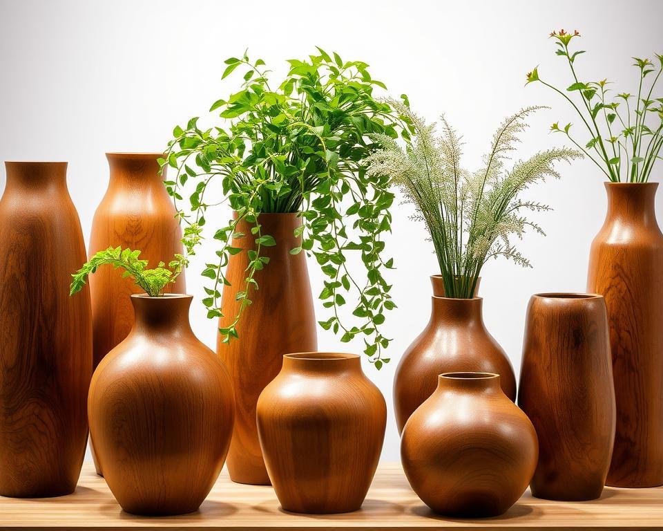 A wooden planter display, showcasing the natural beauty and elegant simplicity of wooden vases for plants. In the foreground, several handcrafted wooden vases of varying sizes and shapes, their warm, textured surfaces catching the soft, diffused lighting. The middle ground features lush, thriving plants cascading from the wooden vessels, their green foliage providing a vibrant contrast. The background gently fades into a serene, minimalist setting, allowing the wooden planters to take center stage. The overall scene conveys a sense of tranquility, sustainability, and the harmonious integration of nature and craftsmanship.
