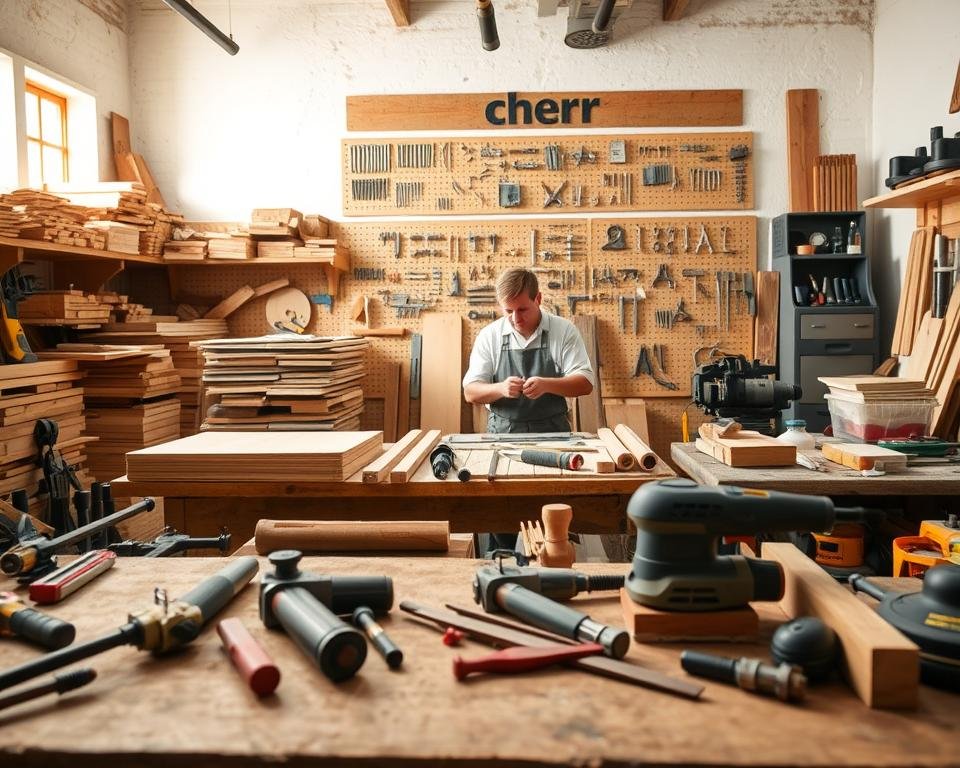 A workshop filled with tools, woodworking equipment, and materials, showcasing various solutions for common carpentry problems. The foreground features a well-worn workbench with an assortment of clamps, chisels, and sanders. In the middle ground, a carpenter demonstrates a woodworking technique, surrounded by stacks of lumber and a pegboard displaying a variety of nails and screws. The background depicts a softly lit, rustic environment with wooden shelves, cabinets, and windows letting in natural light. The overall mood is one of a productive, problem-solving workspace, conveying the expertise and knowledge needed for proper wood fastening techniques.