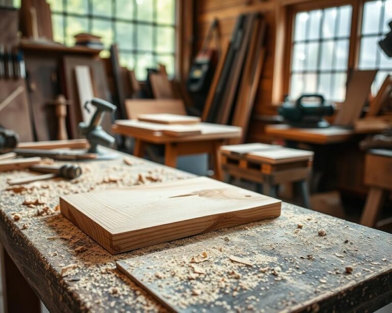 A workshop interior with natural lighting streaming through a large window, highlighting a cluttered workbench covered in sawdust, tools, and pieces of splintered wood. On the table, a freshly cut board with an uneven, jagged edge, showcasing the mistakes and errors that can occur when improperly cutting wood. The background is slightly blurred, drawing the viewer's attention to the foreground and the lessons to be learned about proper woodworking techniques.