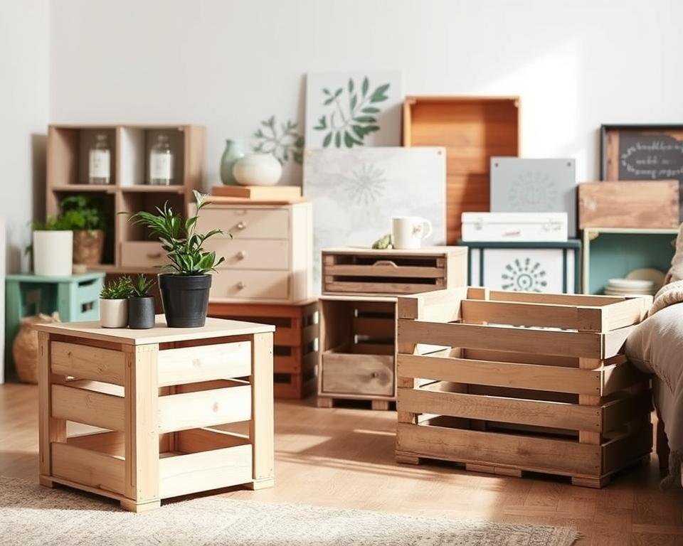 Creative ideas with wooden crates. A well-lit, stylish still life showcasing various creative ways to customize and finish wooden crates. In the foreground, a crate has been transformed into a minimalist side table, its surface adorned with a potted plant and a few decorative objects. In the middle ground, another crate has been repurposed as a rustic storage unit, its exterior painted in a soft, muted color. The background features a selection of painted, stenciled, and embellished crates, hinting at the endless possibilities for personalization. The overall mood is one of warmth, simplicity, and inspiration, capturing the essence of the "Personalization and Finishing" section of the article.