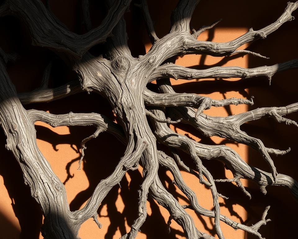 Weathered, gnarled tree branches, their bark worn and cracked, casting intricate shadows across a warm, earthy backdrop. The dry, tactile texture of the wood is emphasized by dramatic side lighting, creating a sense of depth and dimensionality. The branches are arranged in an artful, organic composition, hinting at the creative potential for crafting and repurposing. An atmosphere of rustic tranquility and natural, understated beauty pervades the scene.