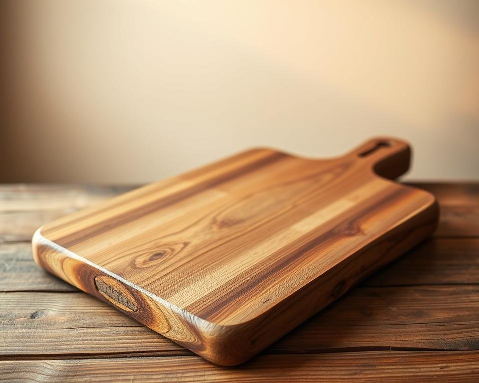 A weathered, high-quality wooden board, its surface worn smooth by years of use, lies on a rustic wooden table. The grain of the wood is clearly visible, showcasing the natural beauty and character of the material. Warm, natural lighting from a nearby window casts a soft, golden glow over the scene, highlighting the rich tones and textures of the wood. The board appears sturdy and well-maintained, conveying a sense of durability and craftsmanship. In the background, a simple, minimalist setting creates a clean, uncluttered backdrop, allowing the focus to remain on the exceptional quality of the wooden board.