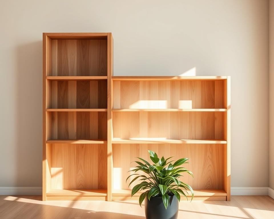 Wooden bookshelves, crafted from sustainably sourced timber, stand in a warm, well-lit room. The shelves are arranged in a clean, minimalist design, allowing the natural beauty of the wood to shine. Soft, diffused lighting casts gentle shadows, highlighting the grain and texture of the material. In the foreground, a potted plant adds a touch of greenery, complementing the organic feel of the shelves. The background features a neutral-toned wall, creating a calming, uncluttered backdrop that allows the focal point of the shelves to take center stage. This scene exudes a sense of tranquility and environmental consciousness, perfectly reflecting the concept of "sustainable wooden bookshelves".
