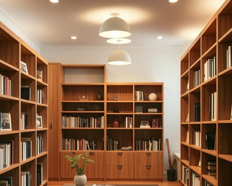 Wooden bookshelves in a cozy, well-lit home library. The shelves are made of sturdy, natural-grained wood, arranged in a minimalist, clean-lined design. Soft, diffused lighting from overhead fixtures casts a warm, inviting glow, highlighting the rich textures of the wood. In the foreground, a few carefully curated books and decorative objects add visual interest. The middle ground features the main shelving units, while the background suggests a peaceful, uncluttered space, allowing the handcrafted shelves to take center stage. The overall atmosphere is one of relaxed organization and a love of the printed word.